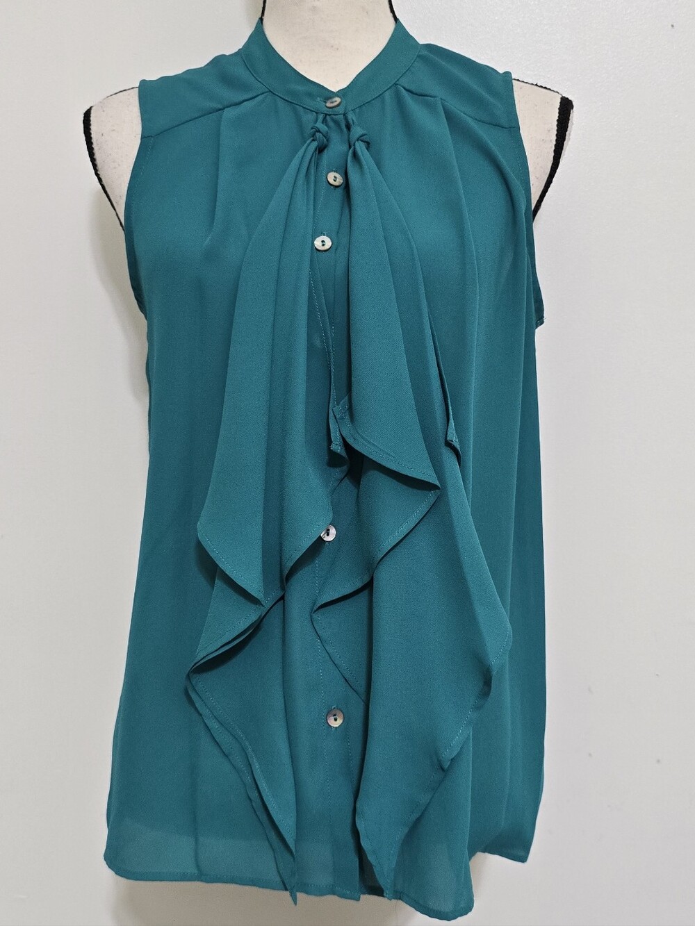 CHENAULT size‎ Small Sleeveless Ruffle Front Pleated Button Up Flowy Blouse Teal